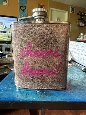 Neiman Marcus Brown Leatherette Flask with Pink Script